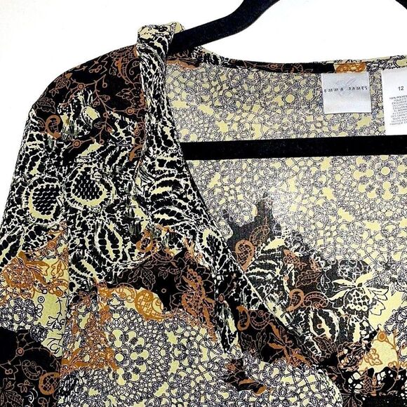 Emma James ruffle earth tone print button front bracelet sleeve blouse 12 EUC - Picture 7 of 14